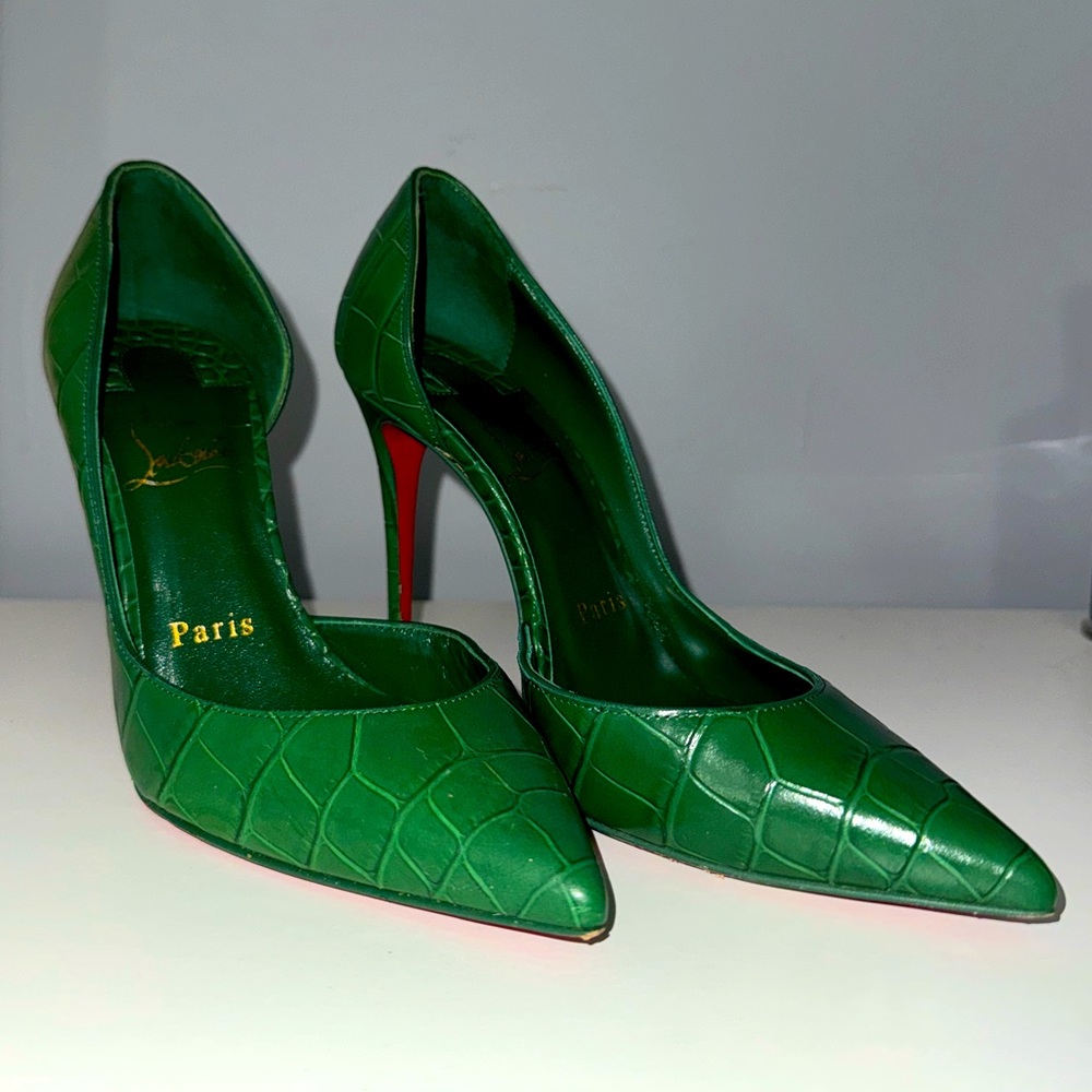 Christian Louboutin Emerald Green Crocodile-Embossed Iriza D’Orsay Heels